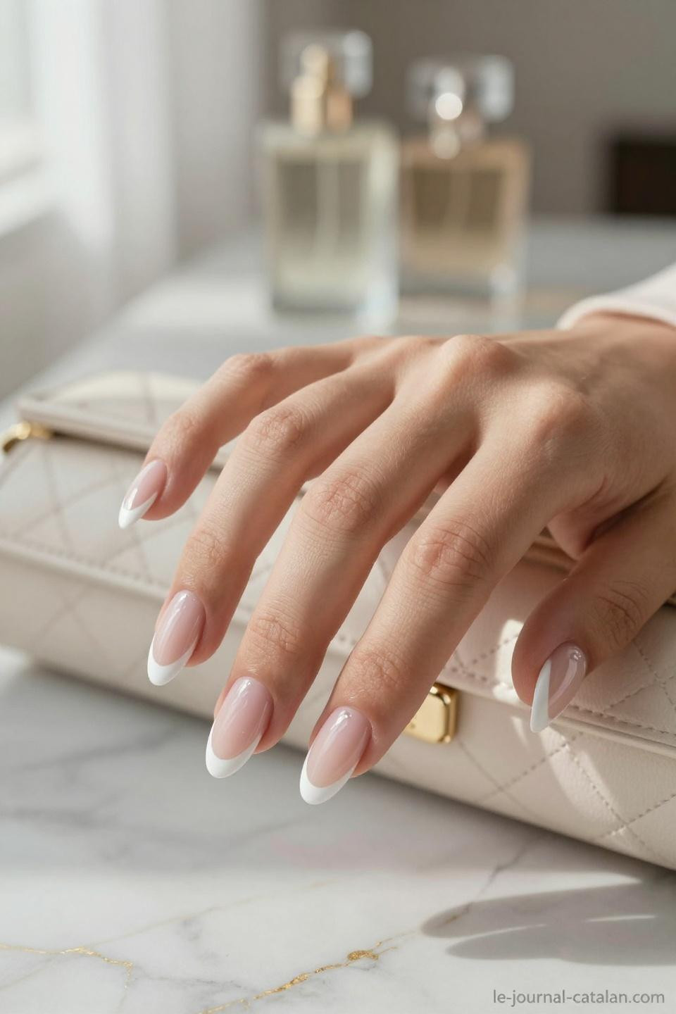 Almond nails with French tips on elegant hands resting on marble vanity with luxury beauty context
