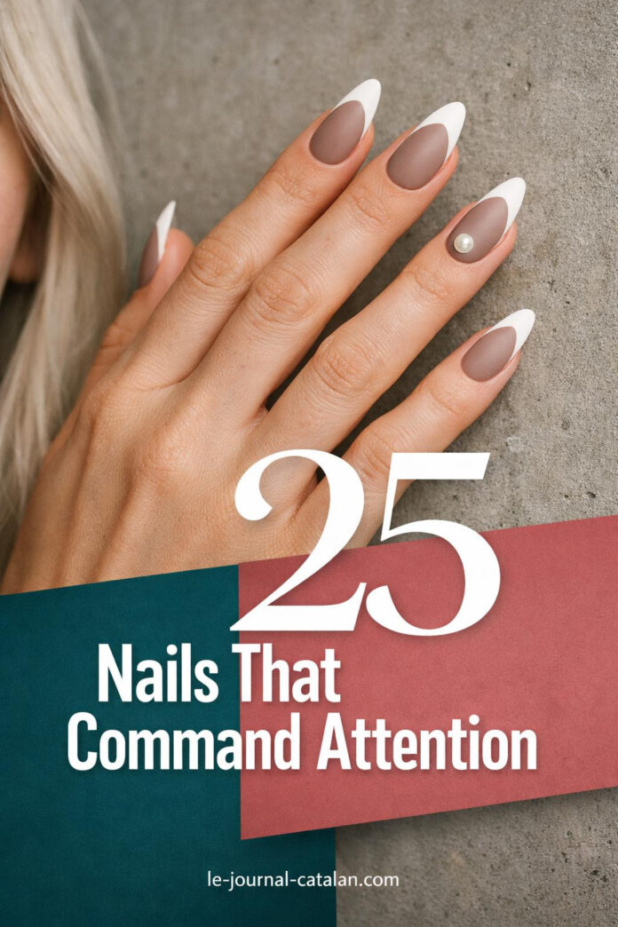 Single luxury photograph of anatomically perfect hands with taupe-based French manicure on almond-shaped nails against concrete