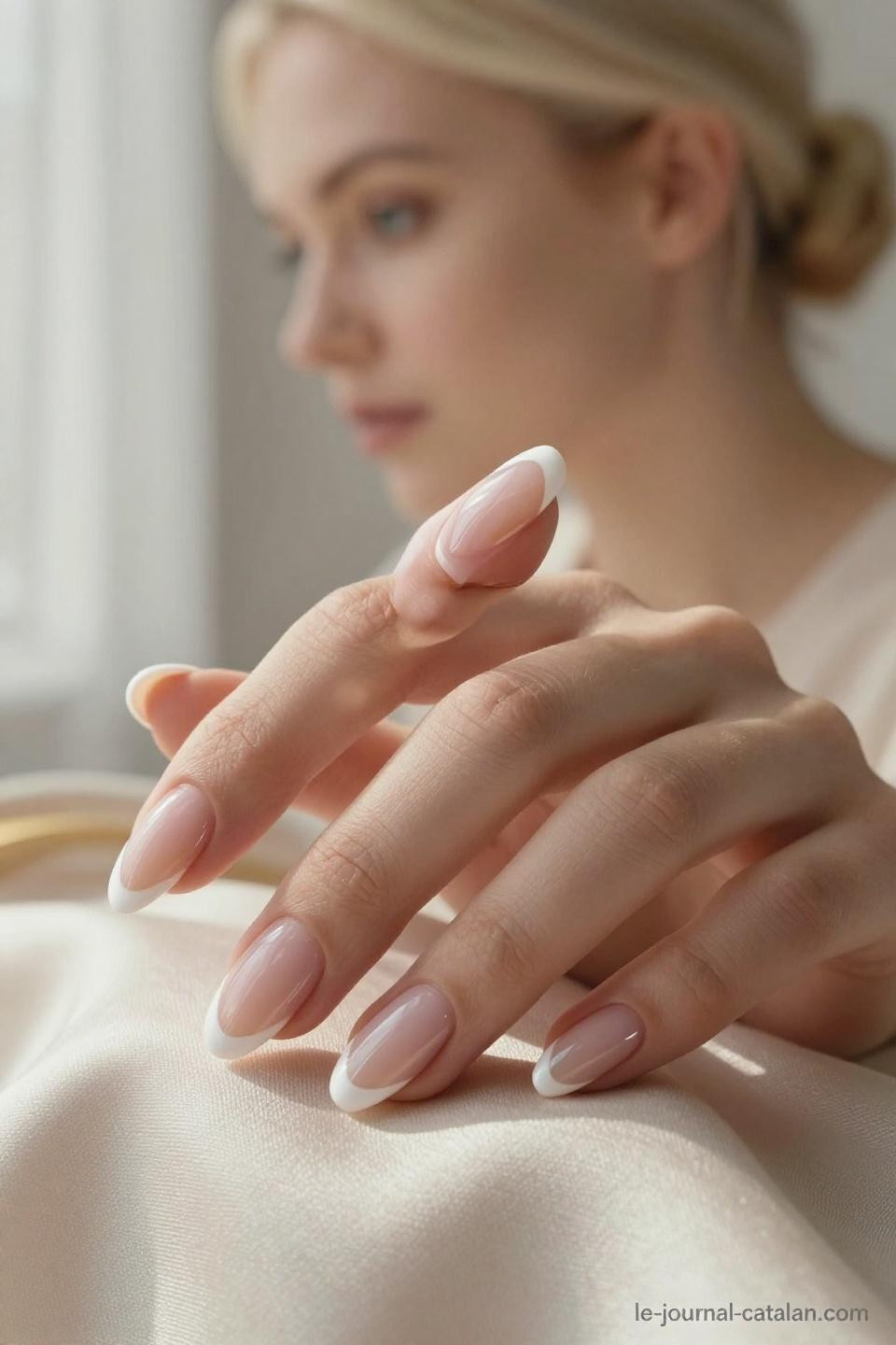 Almond French tips with ballet pink base on hands positioned against ivory textured surface