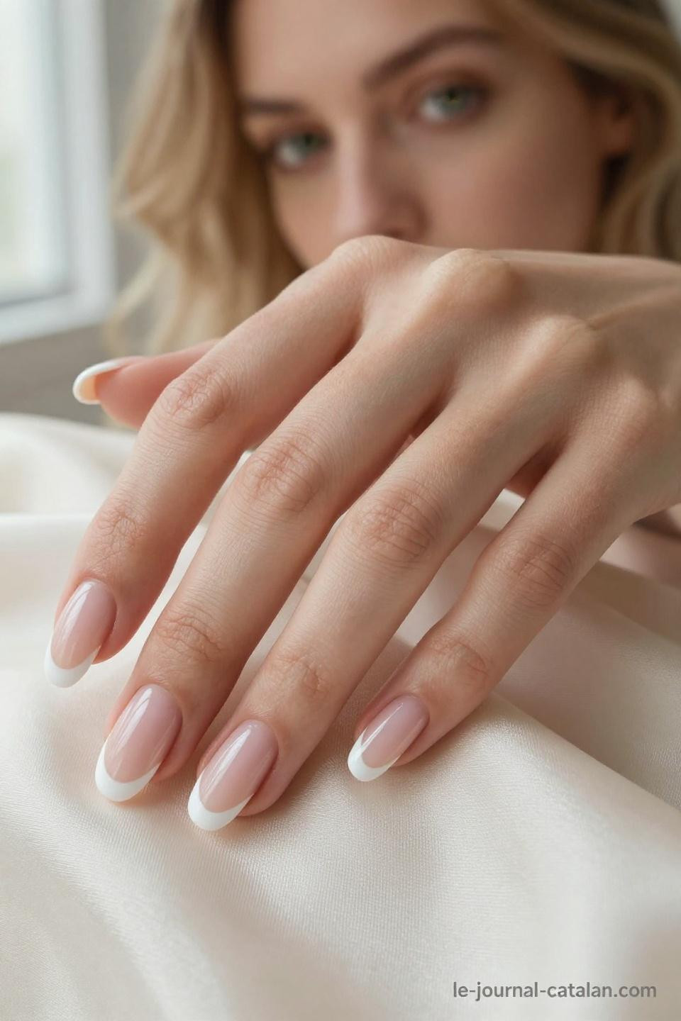 French manicured almond nails with natural pink base on elegant hands in soft window light