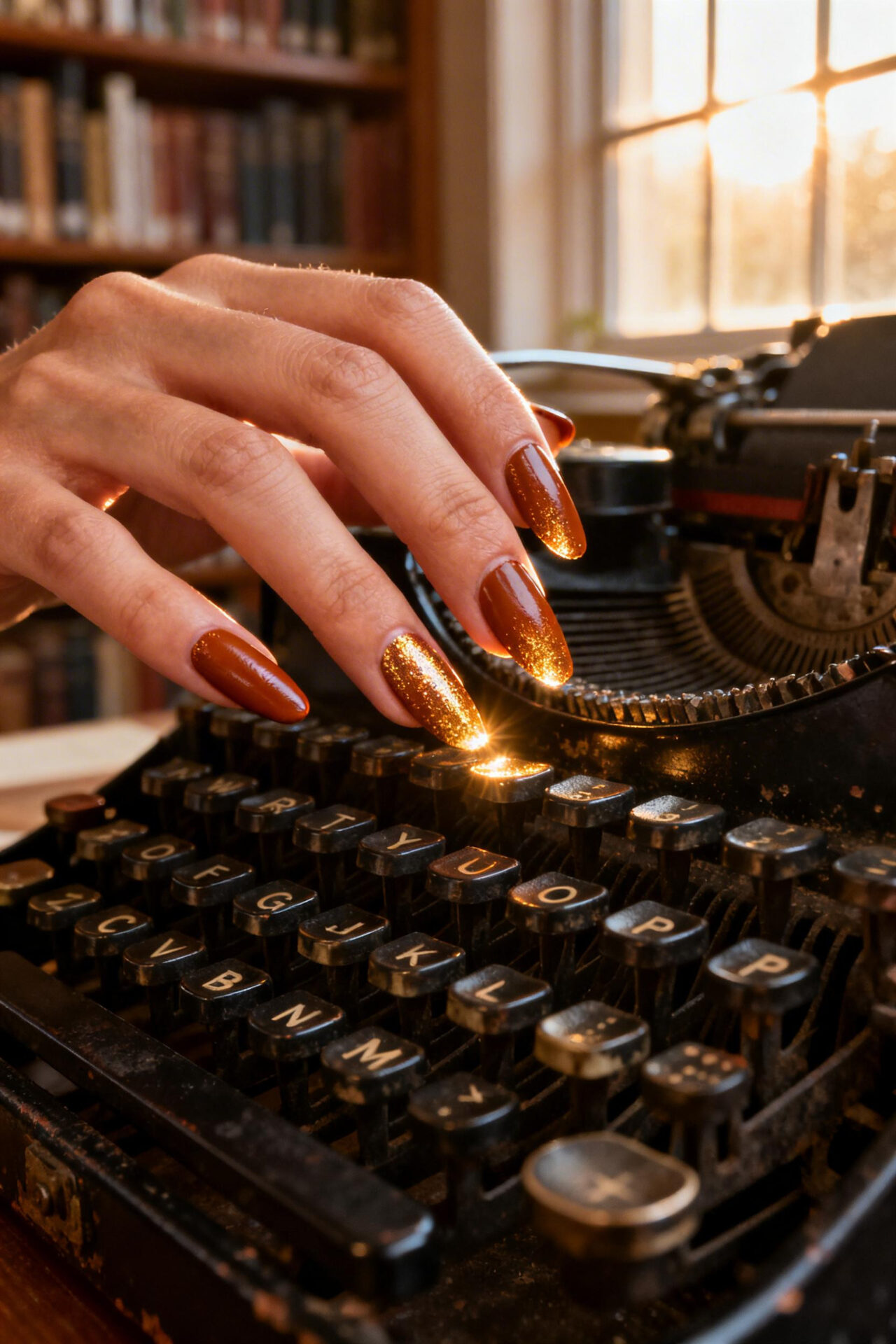 Elegant Almond Nails - metallic foil shimmer