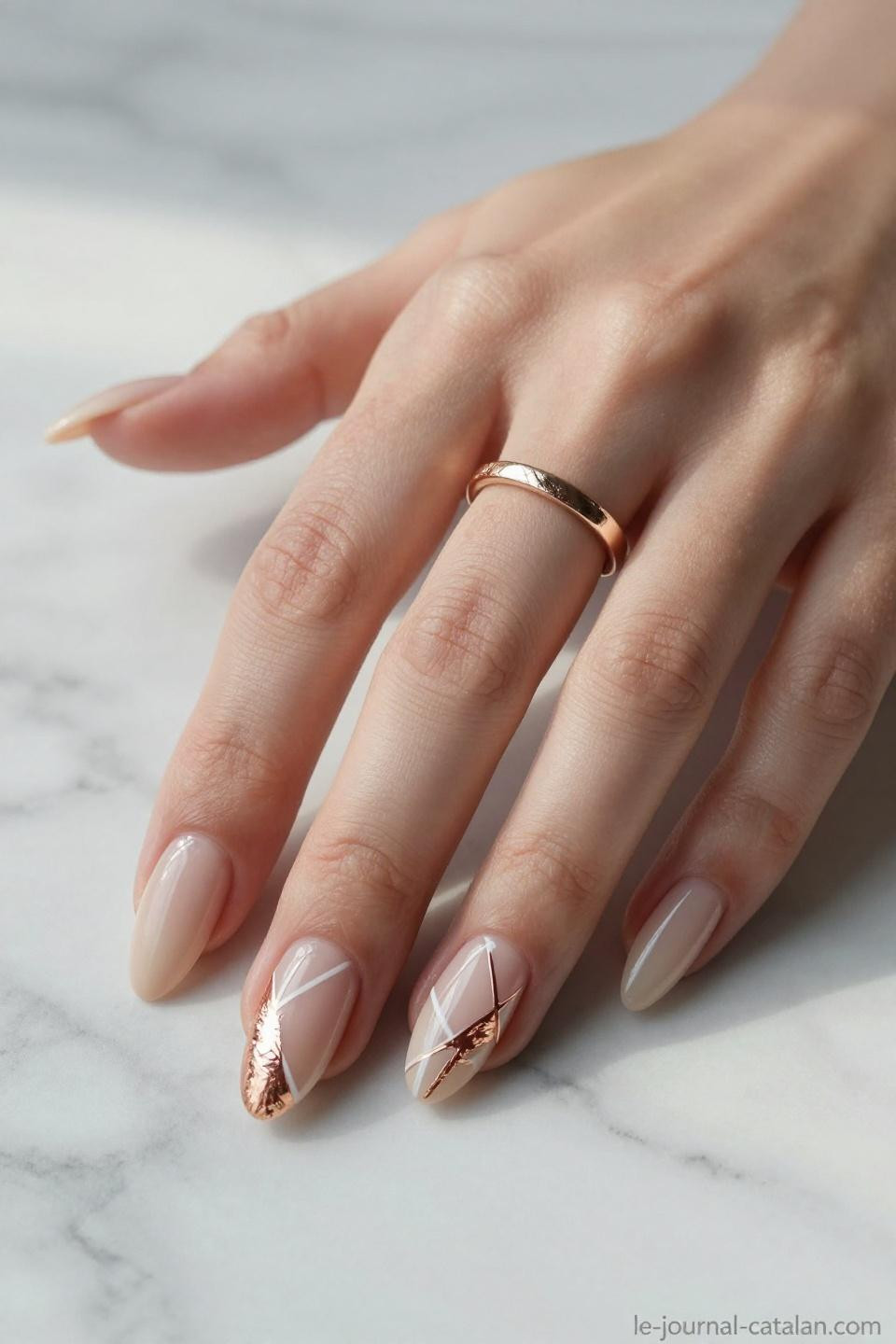 Almond Nails With Design featuring negative space triangular patterns
