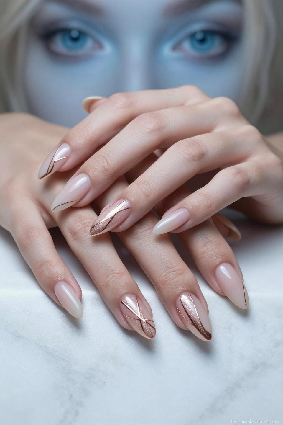 Almond Nails With Design featuring geometric rose gold line work on nude base