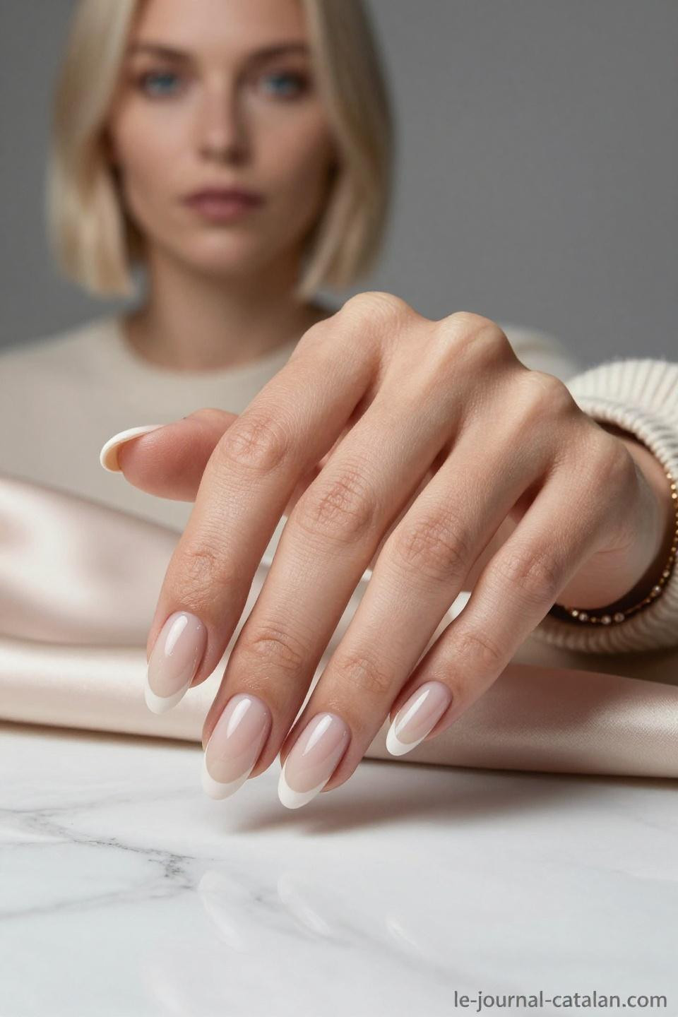 Medium Almond Nails with nude beige and delicate French tips