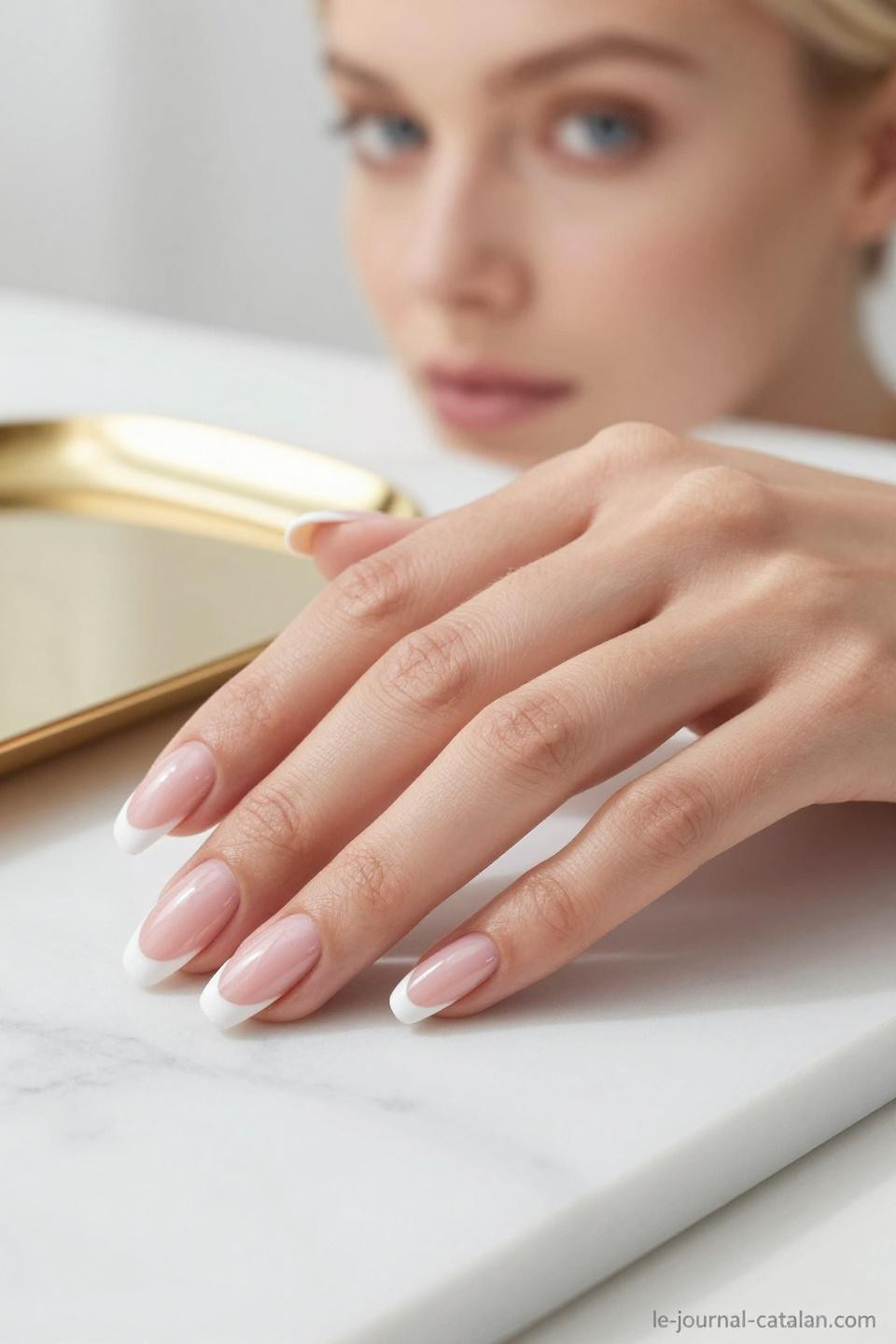 Almond French Tip Nails with classic white tips and glossy finish