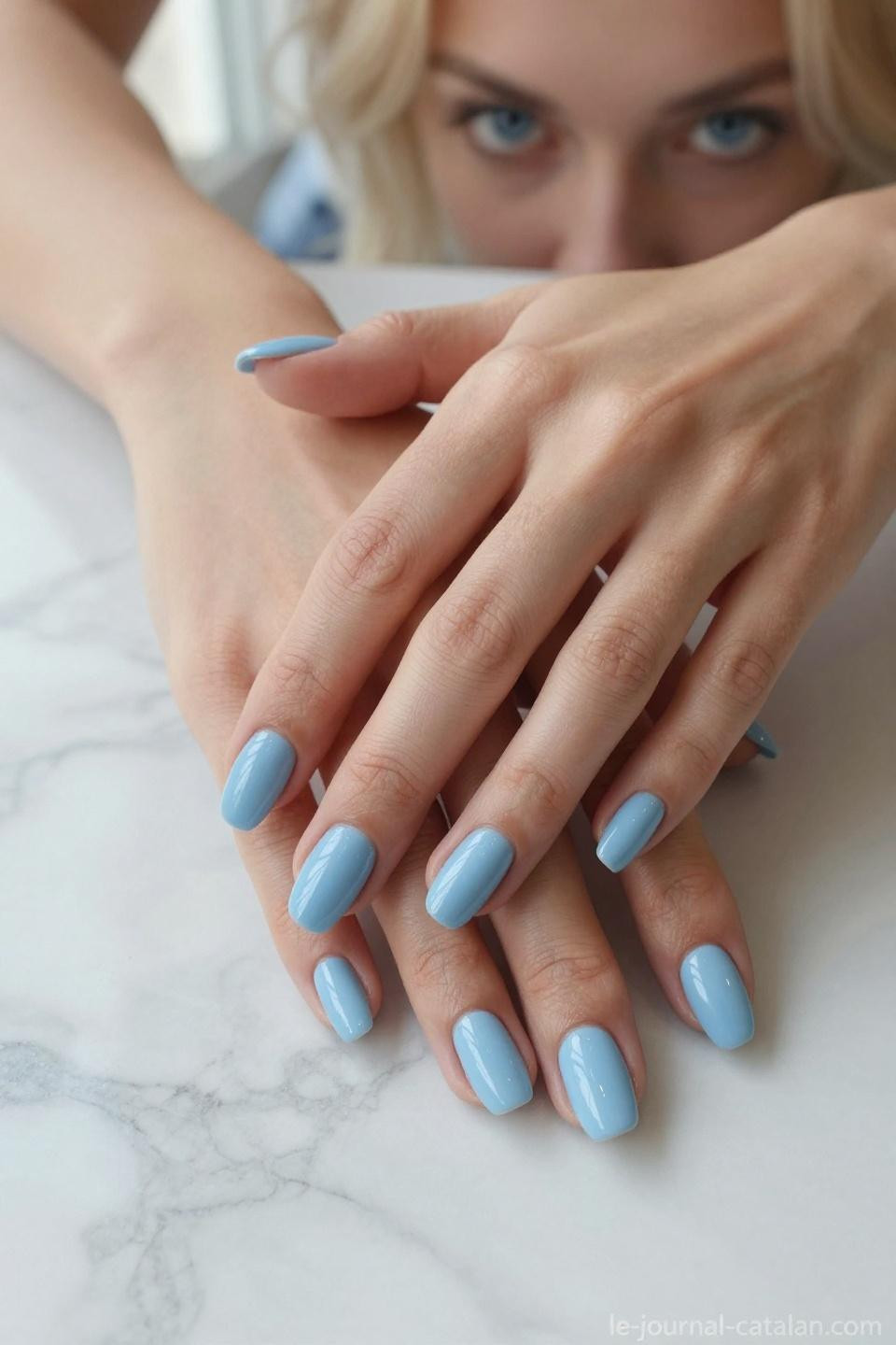 Milky blue nails with translucent baby blue gel on almond shaped nails