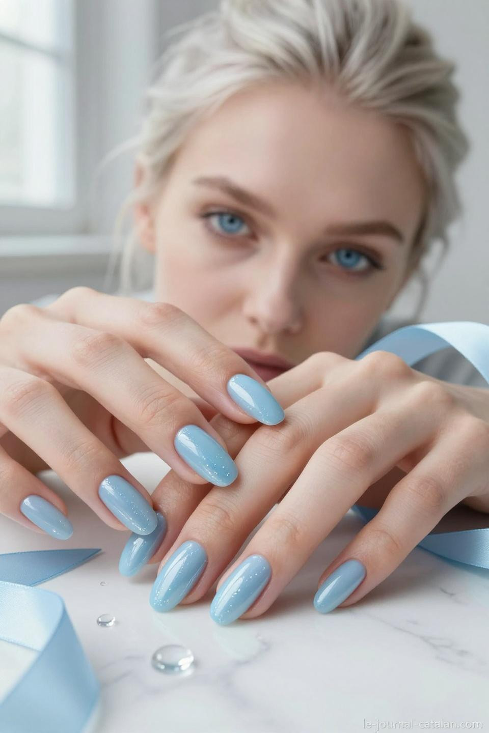 Blue nails ideas featuring baby blue gel with iridescent pearl shimmer on almond nails