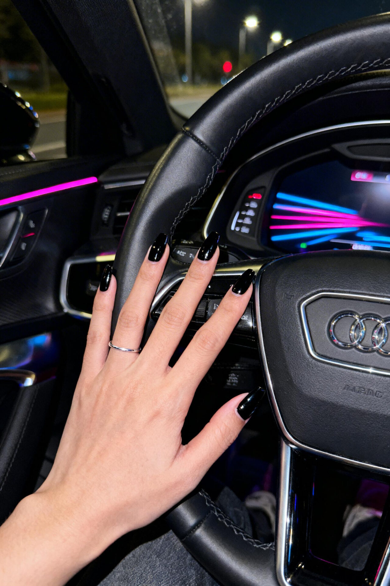 obsidian chrome almond nails glossy