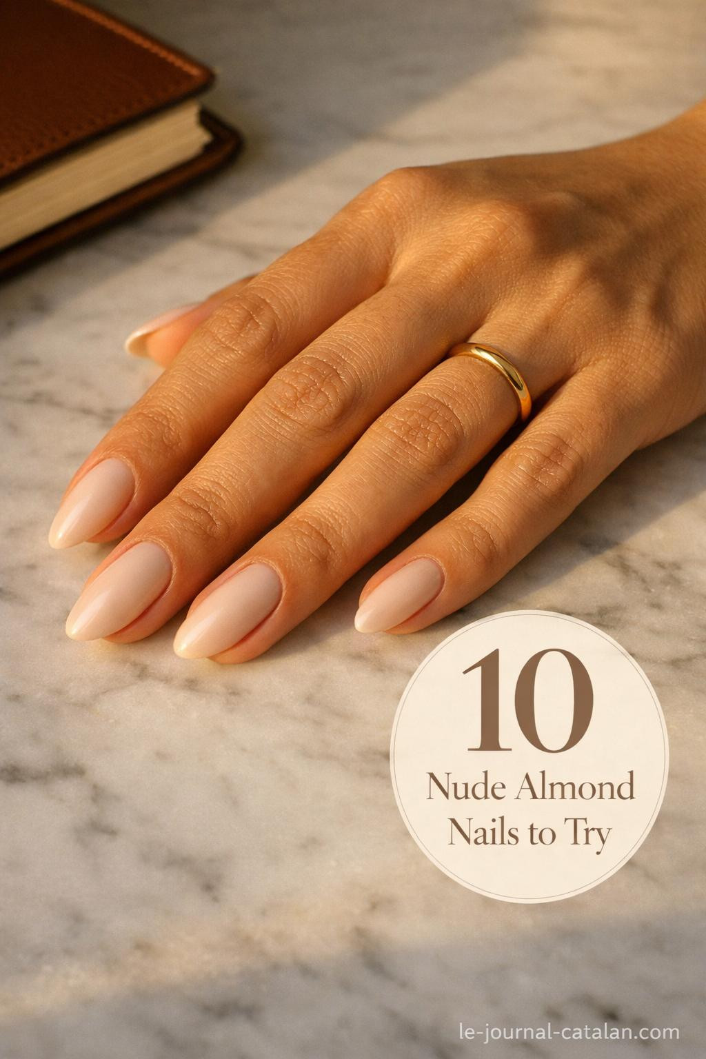 Trendy almond-shaped nails in soft beige tone, featuring a clean and elegant neutral design perfect for everyday wear