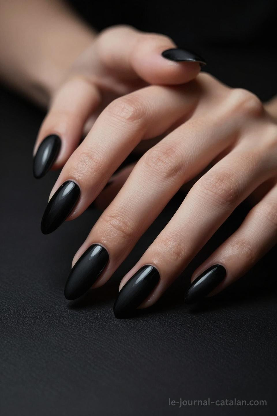 black almond nails with matte-gloss contrast technique on porcelain korean hands