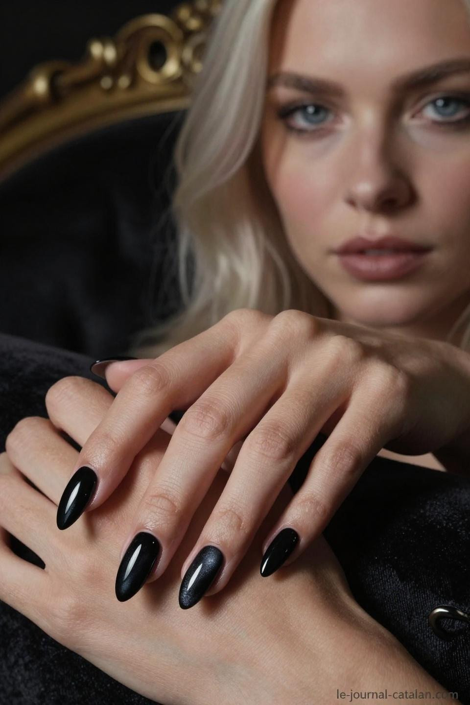 almond nails designs in glossy jet black on porcelain hands against baroque gold furniture