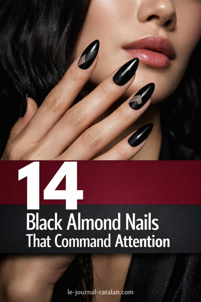 Luxury midnight black almond manicure with glossy finish and geometric negative space details on elegant hand