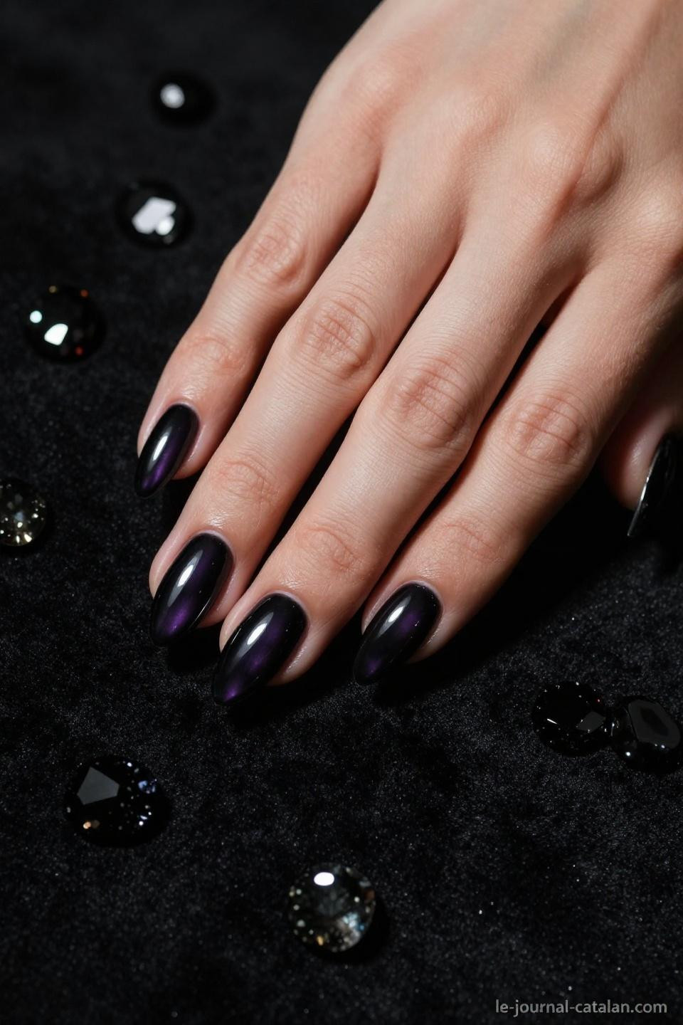 dark almond nails in glossy black surrounded by obsidian crystals on black velvet