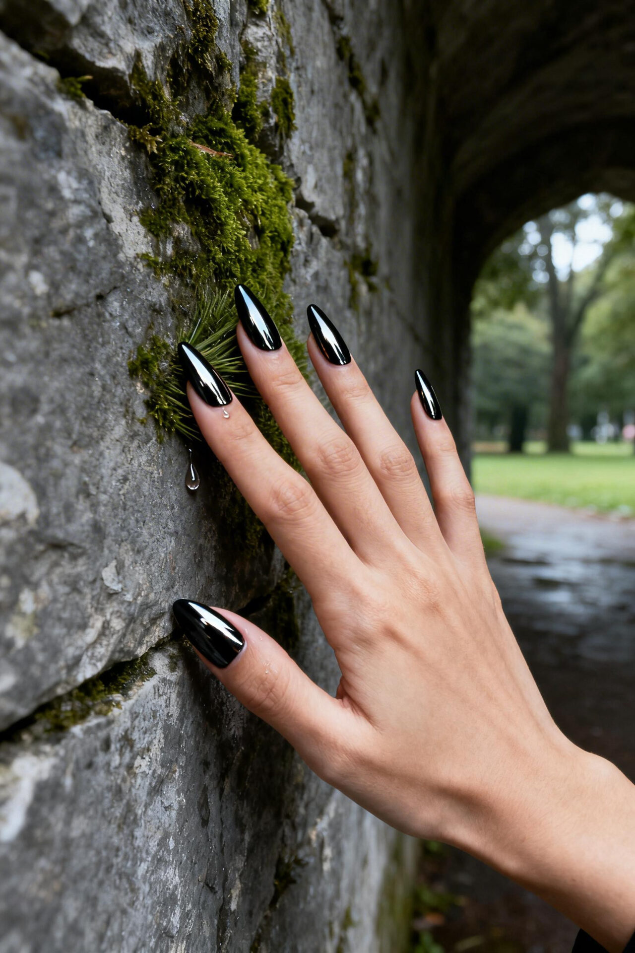 Black cat eye nails - chrome almond