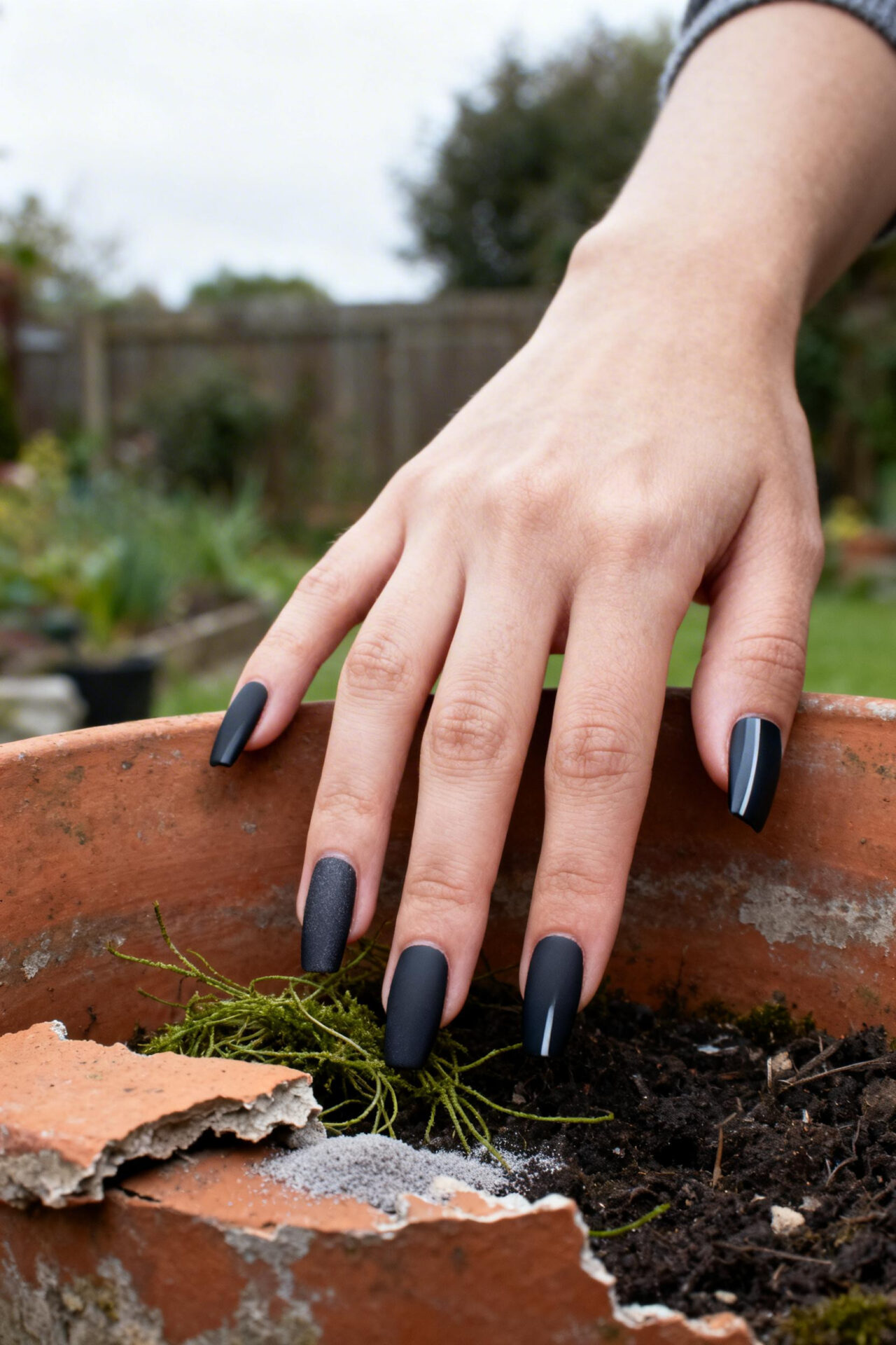 Black cat eye nails - short matte coffin