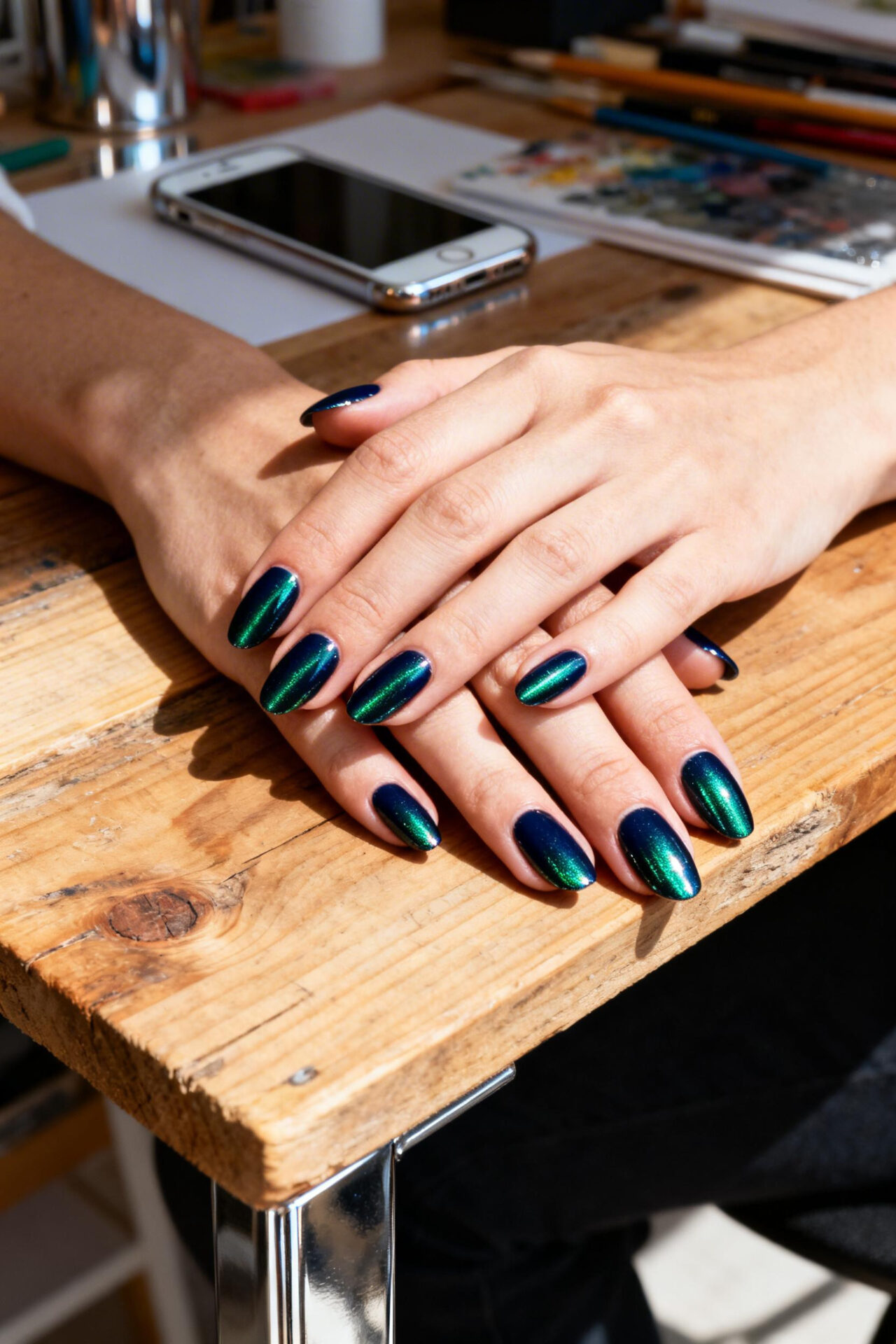 Navy chrome mirror nails