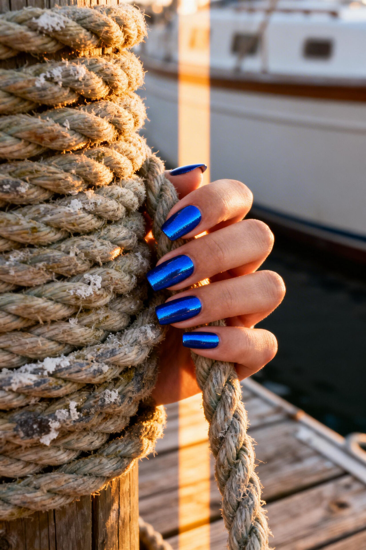 Blue cat eye nails chrome square design