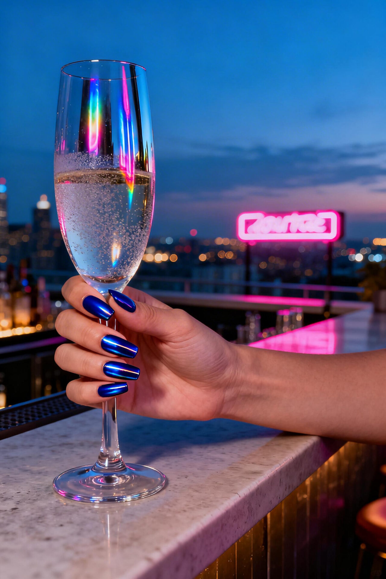Blue cat eye nails dark chrome coffin