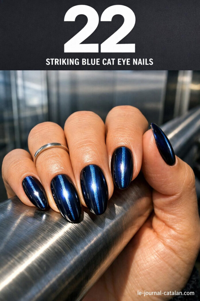 Blue Cat Eye Nails - Dark Blue Design Ideas Dark blue cat eye nails with magnetic effect design, featuring navy blue polish with reflective stripe pattern for a modern manicure look