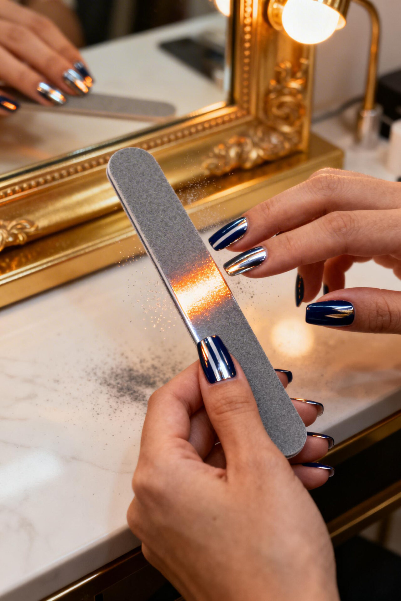 Blue cat eye nails navy chrome coffin