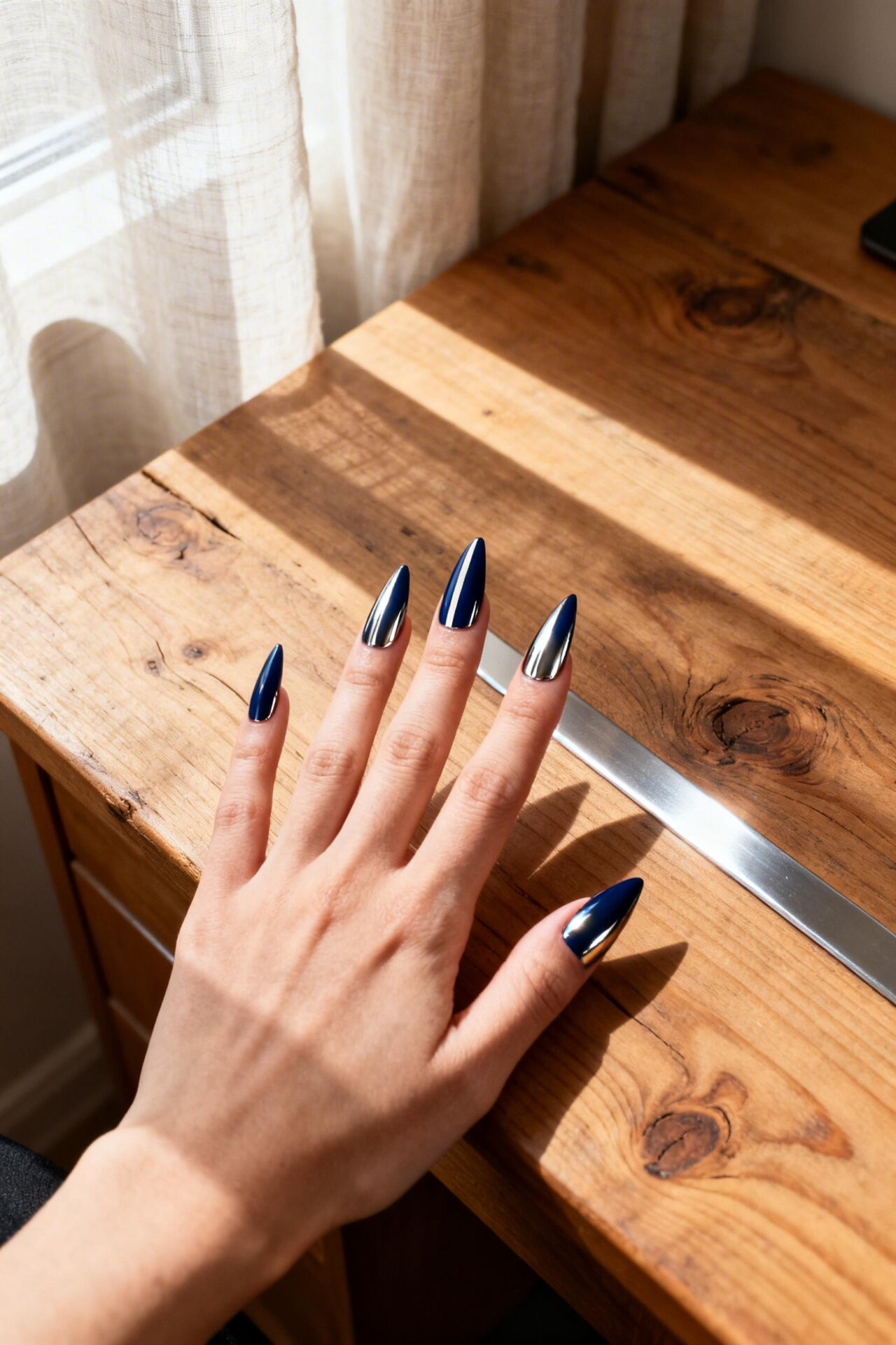 Blue cat eye nails navy chrome stiletto