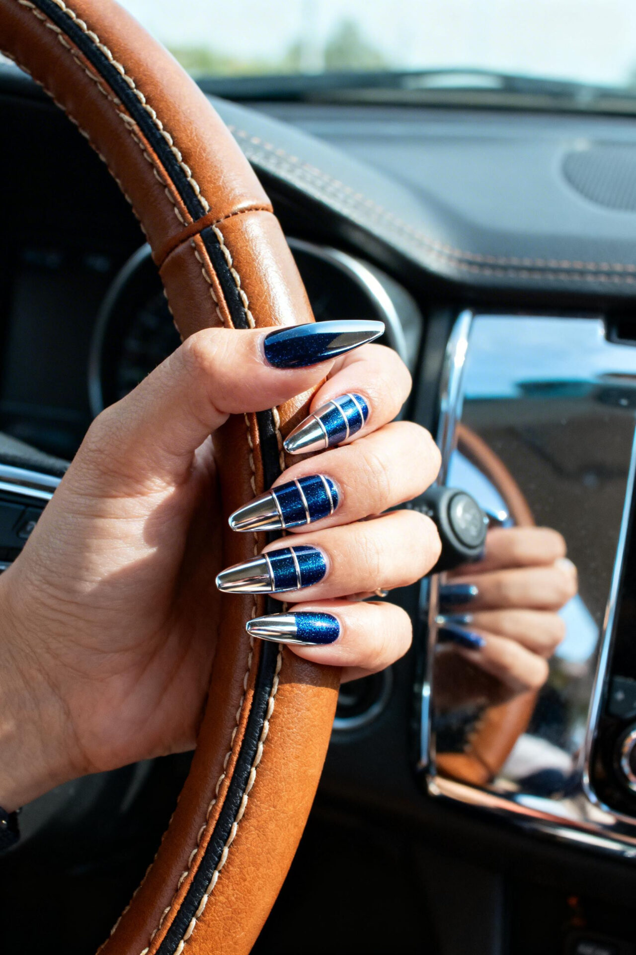 Blue cat eye nails navy chrome stiletto
