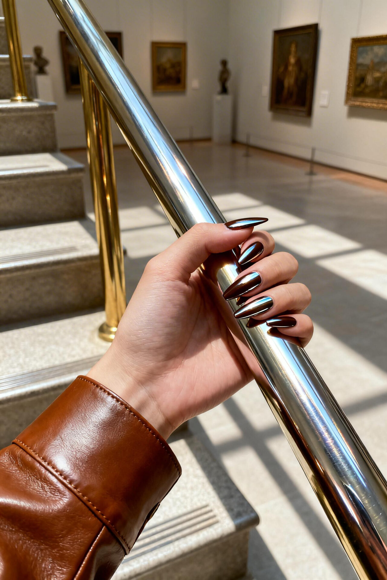 Brown cat eye nails - cognac leather chrome