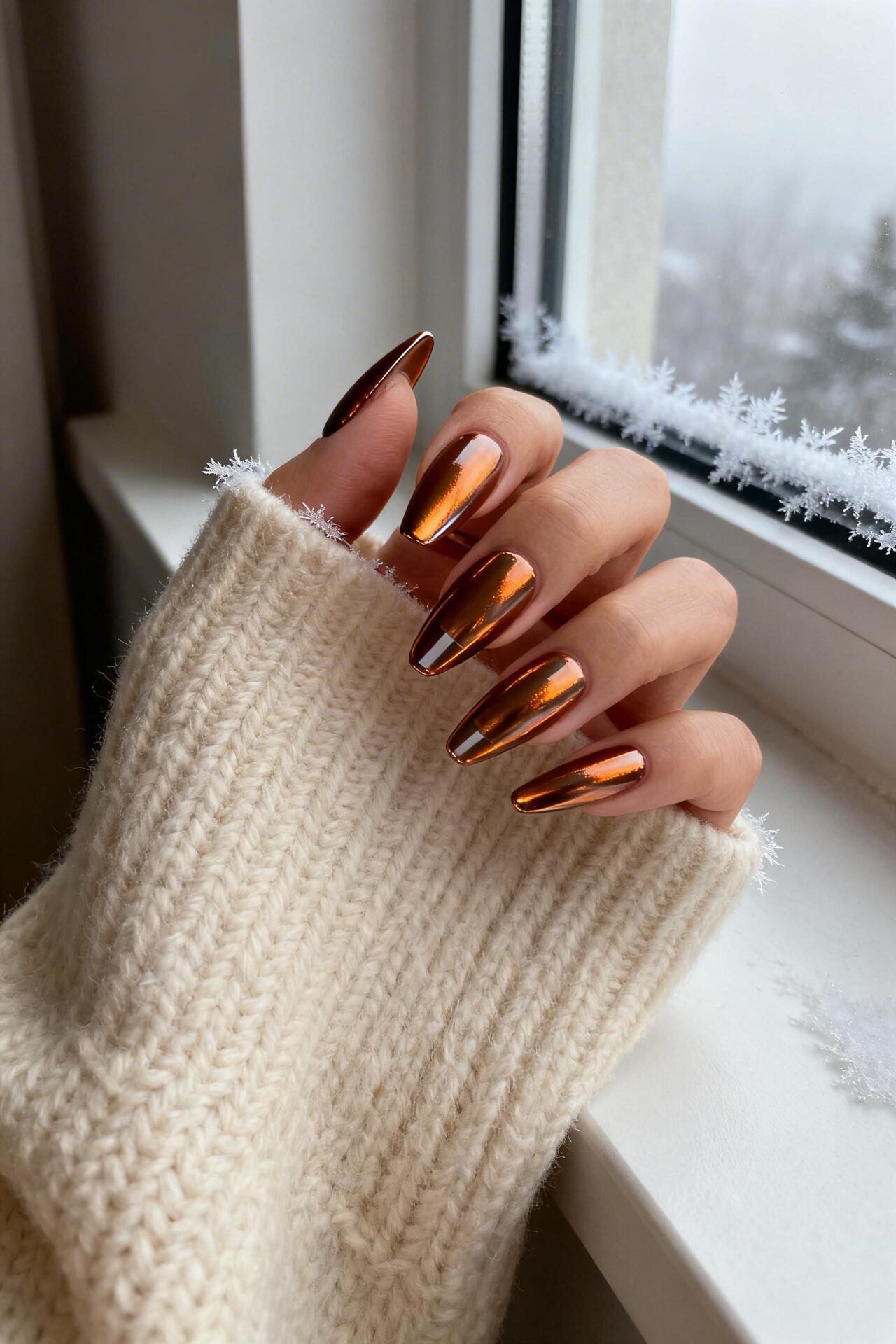 Brown cat eye nails - caramel chrome coffin