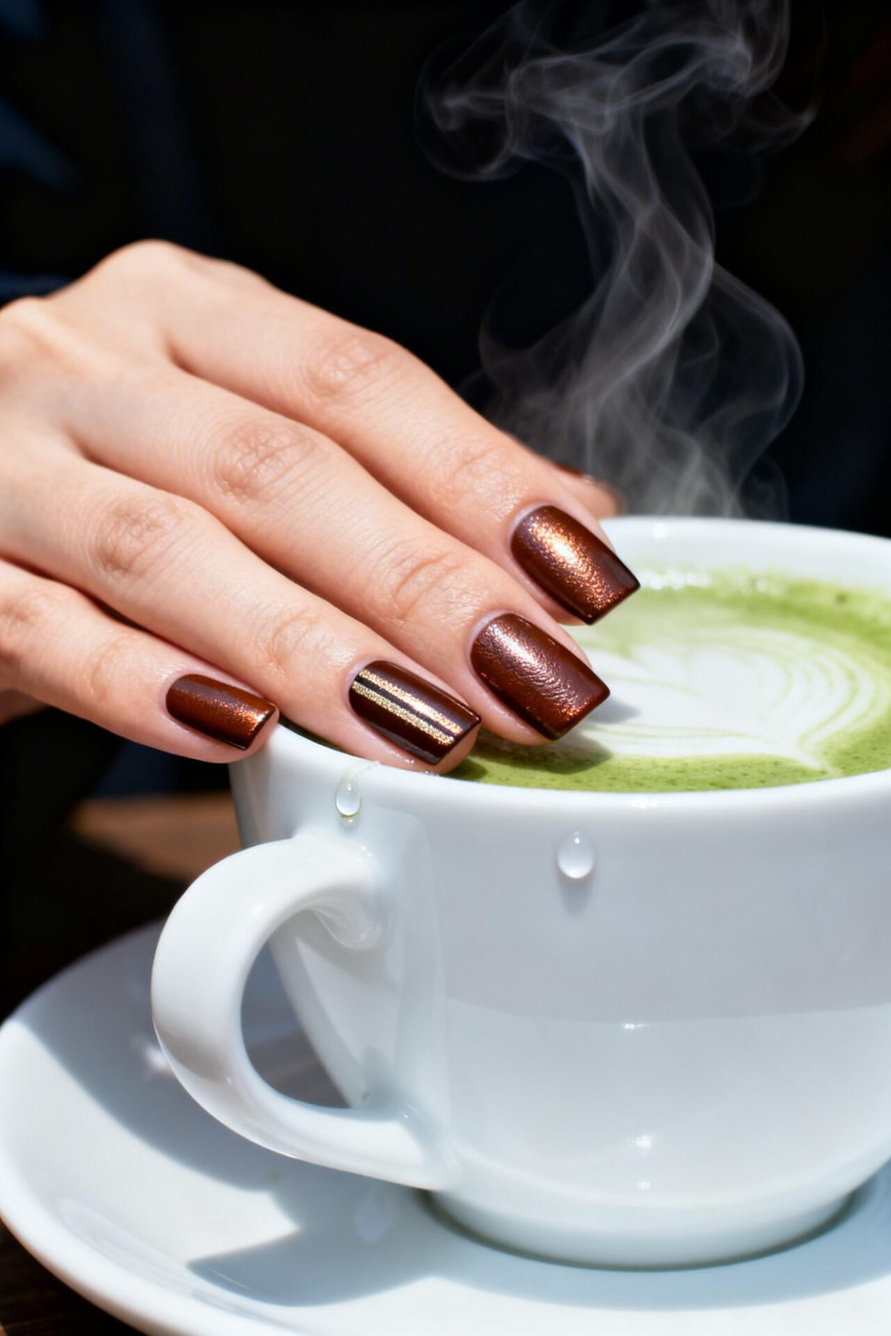 Brown cat eye nails - dark cognac chrome