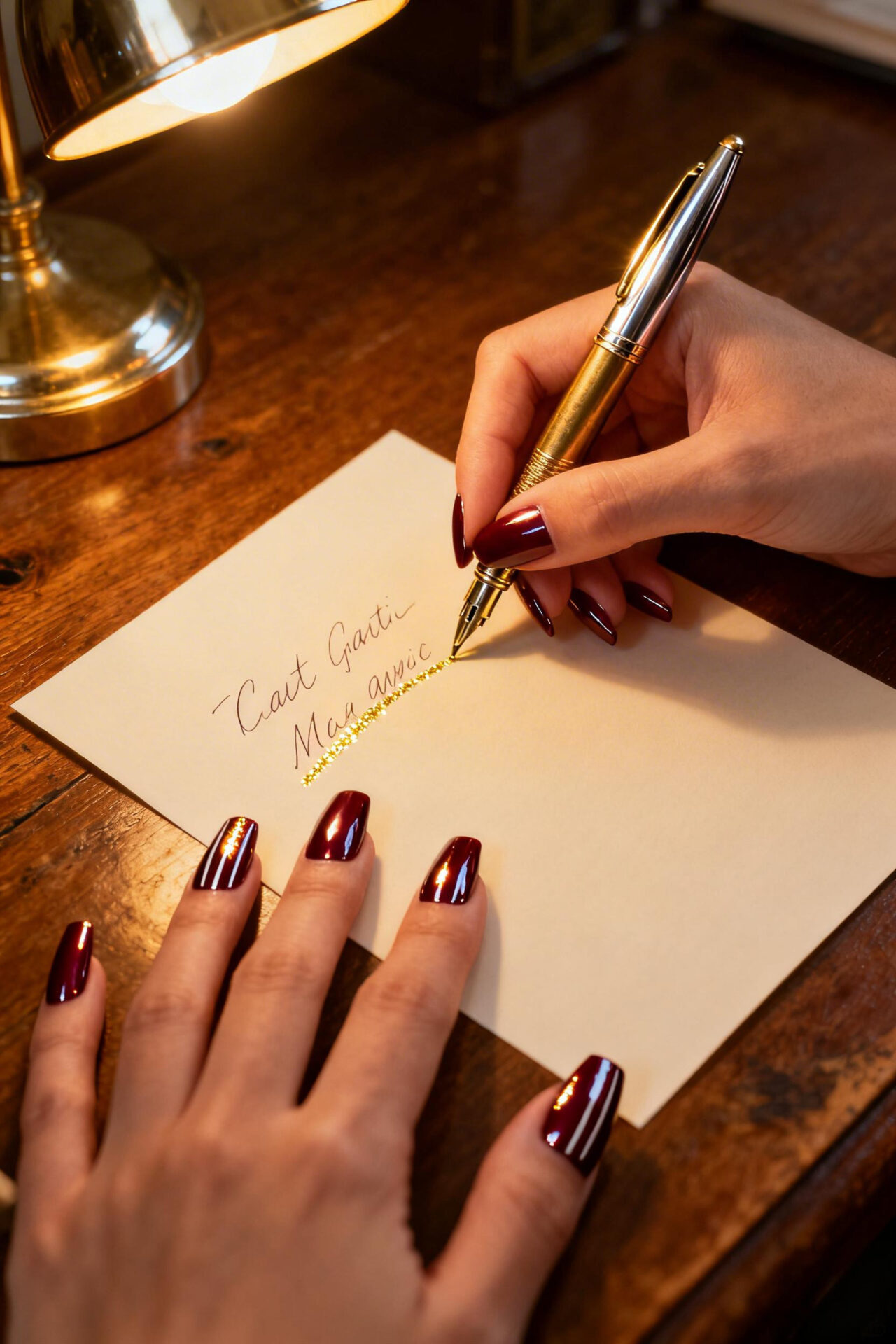 Burgundy Cat Eye chrome coffin nails
