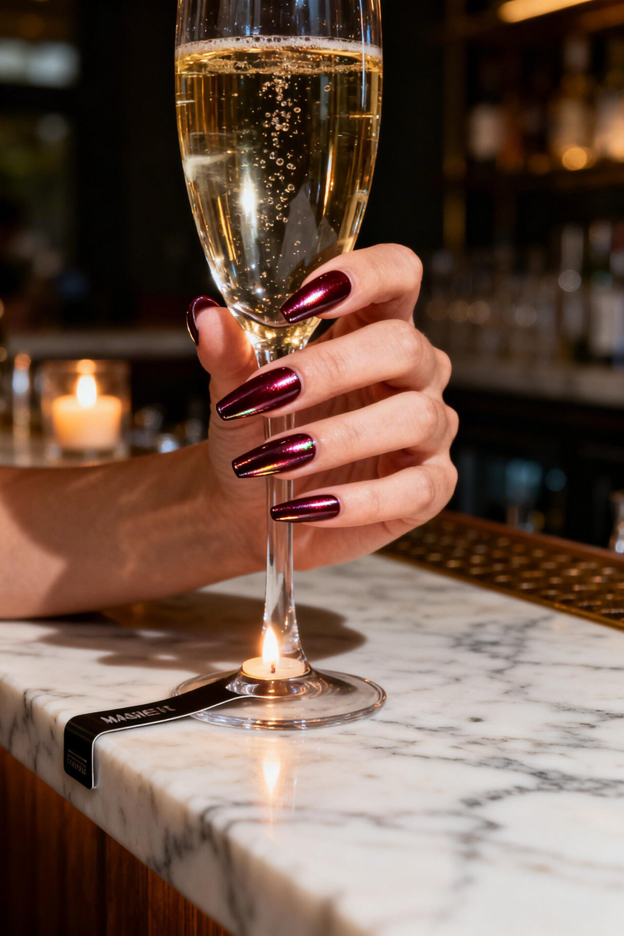 Burgundy Cateye Nails - coffin chrome
