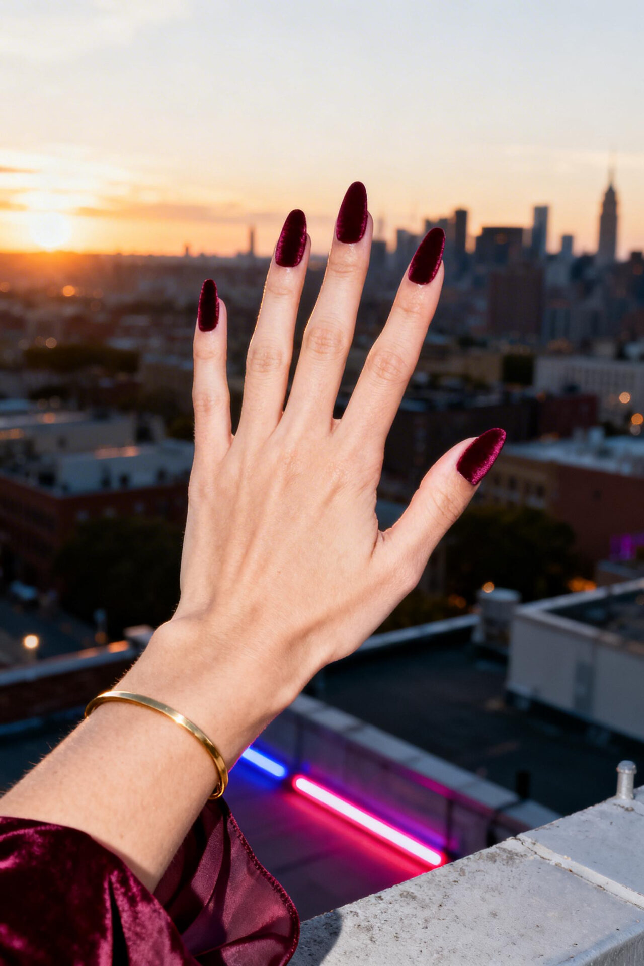 burgundy velvet almond nails