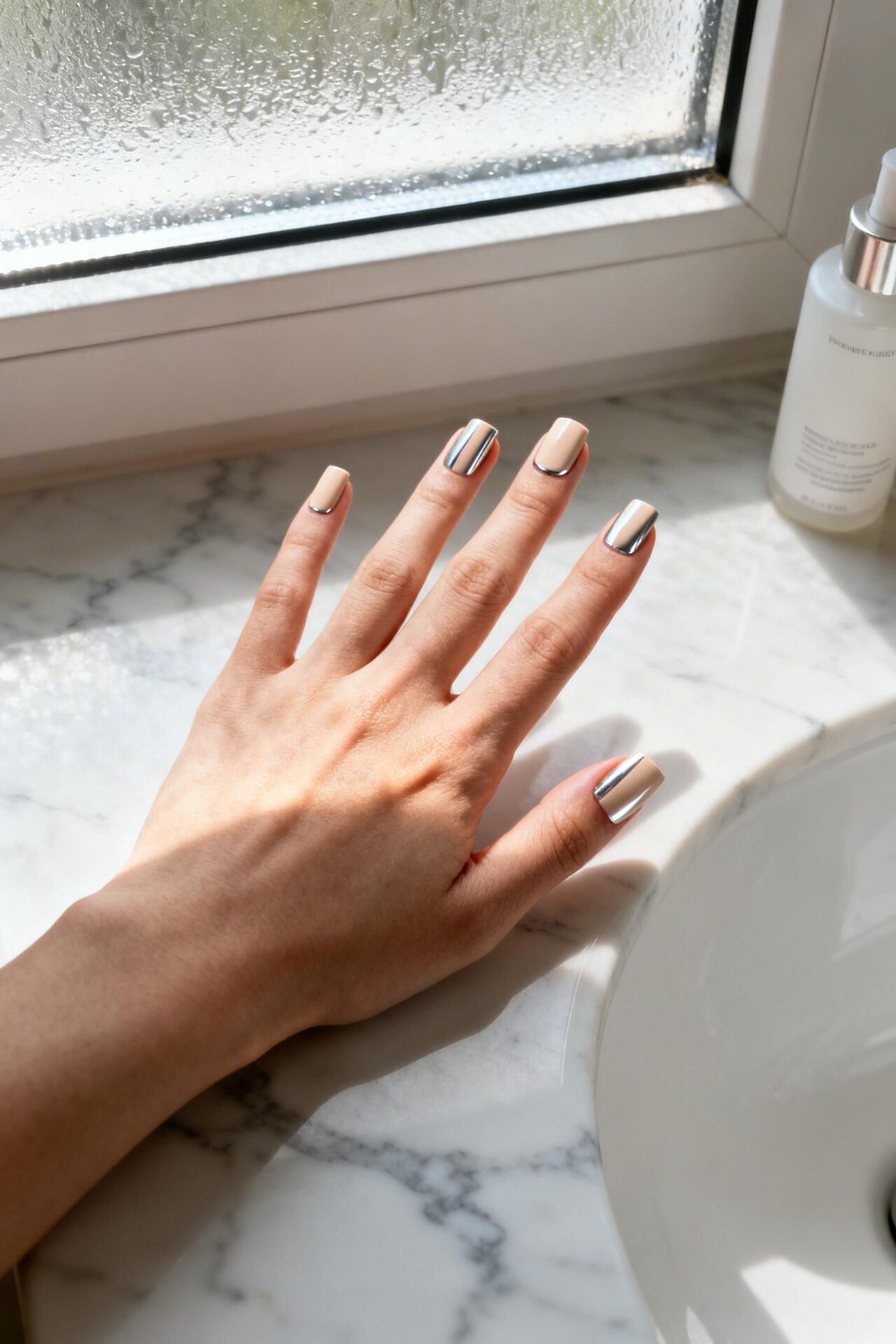 Neutral Cat Eye Nails - cream beige chrome
