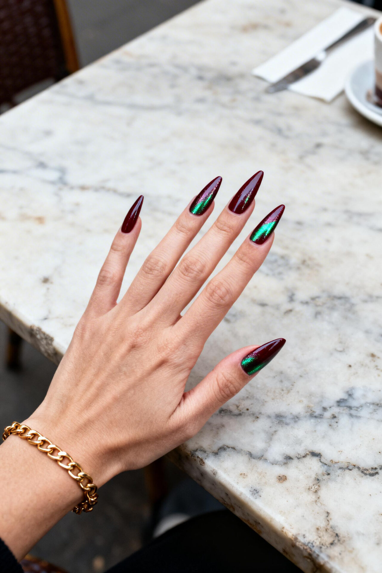 Cat Eye French Tip Nails - burgundy stiletto