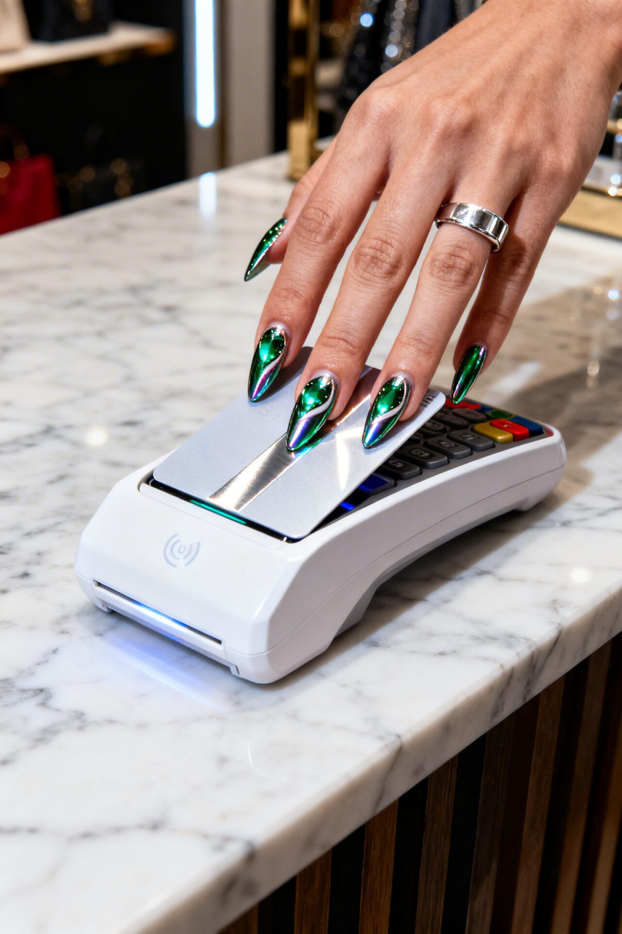 Cat Eye Nails - emerald chrome coffin design