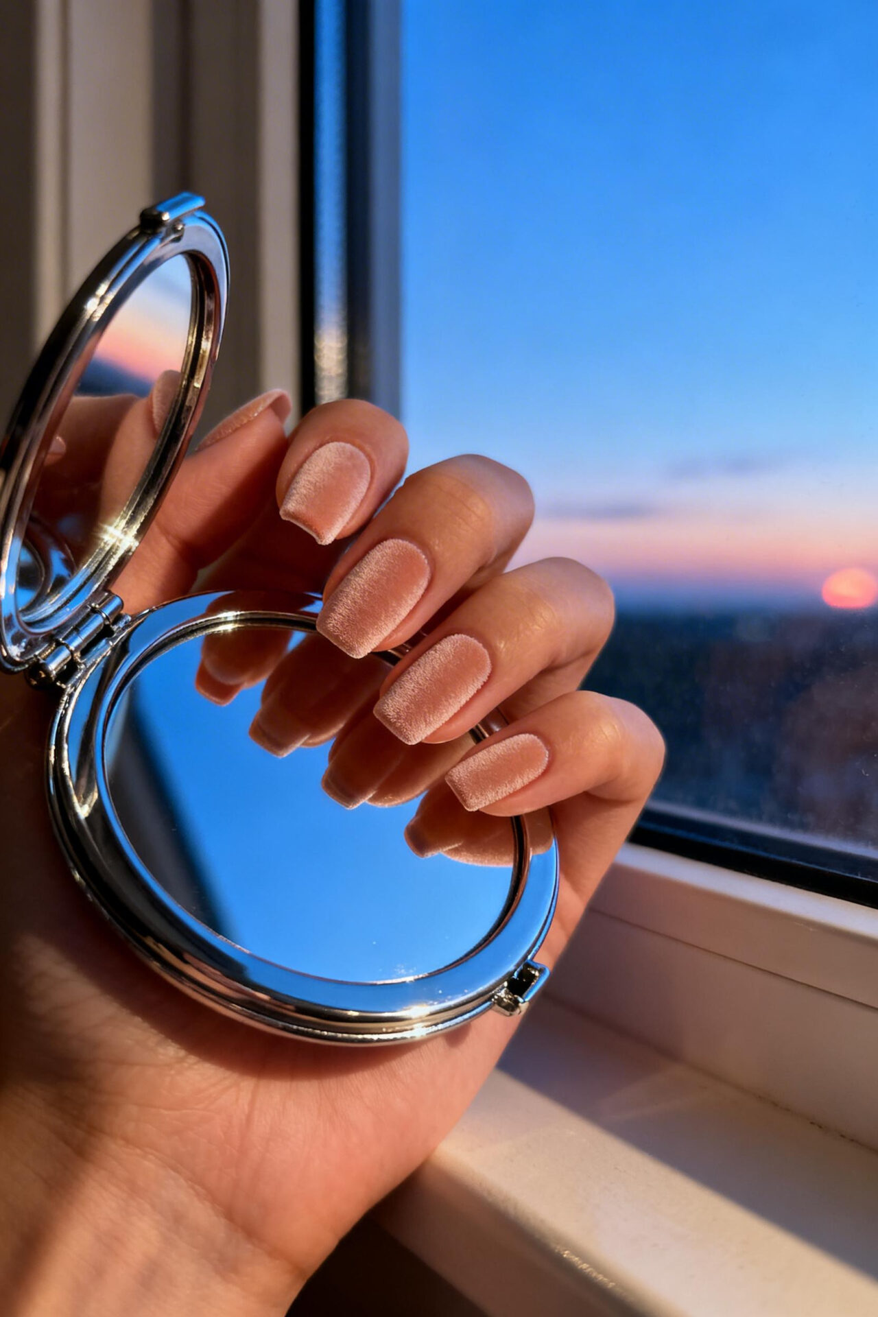 Neutral Cat Eye Nails - peachy squoval velvet