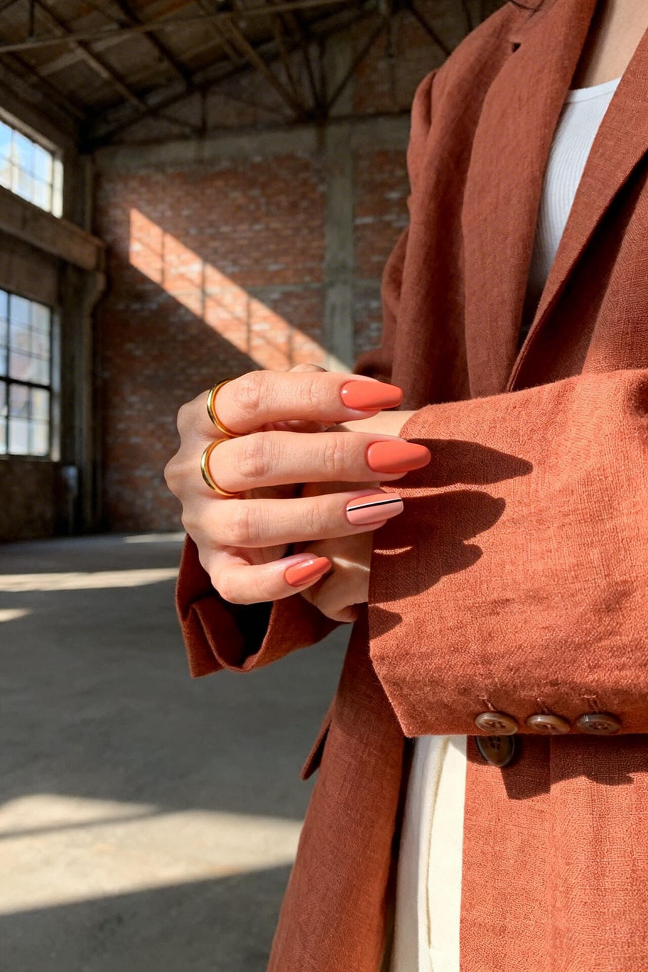 Cat Eye Manicure - peachy coral satin almond