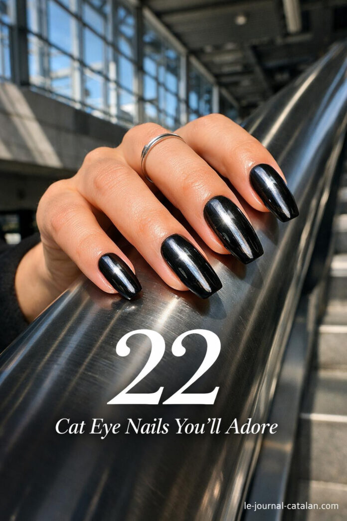 Cute cat eye nails with magnetic polish effect, featuring sleek linear pattern and glossy finish for modern manicure inspiration