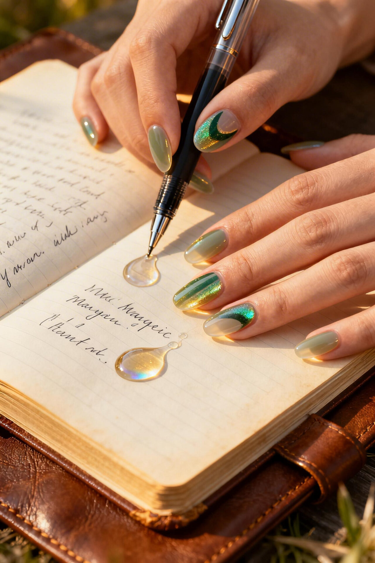 Simple Cat Eye Nails - sage almond