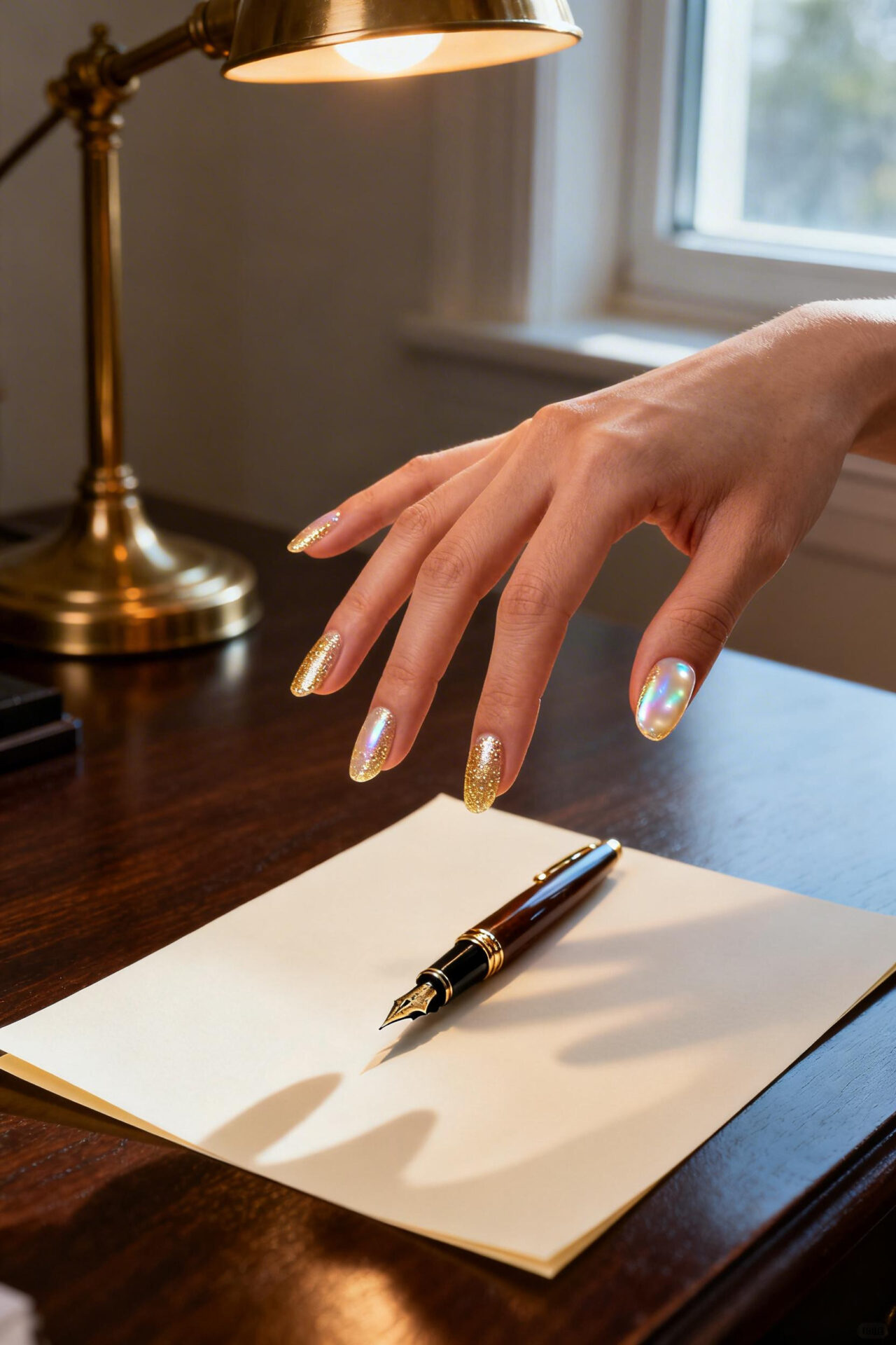 Elegant Almond Nails - champagne shimmer