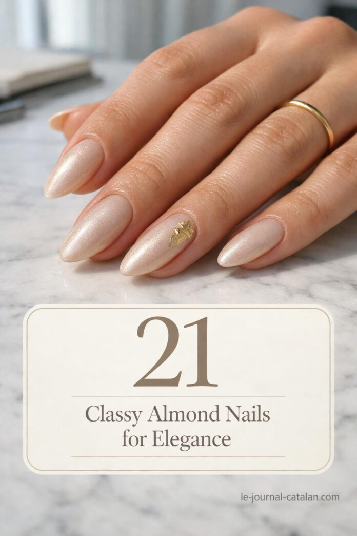 Pretty almond-shaped nails featuring elegant neutral tones and refined nail art design for sophisticated manicure inspiration
