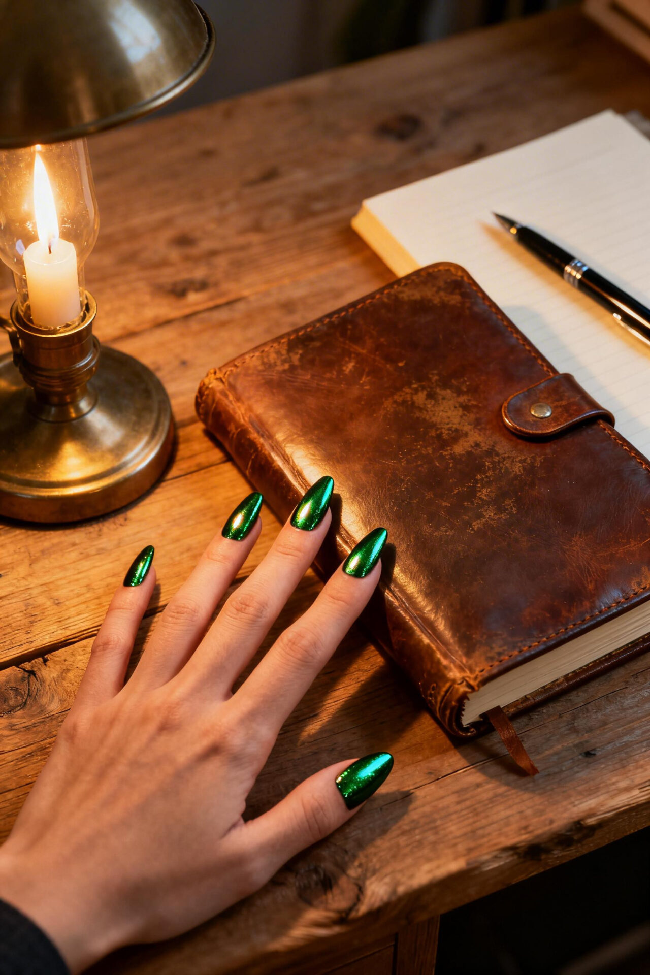 Oval Almond Nails - emerald chrome