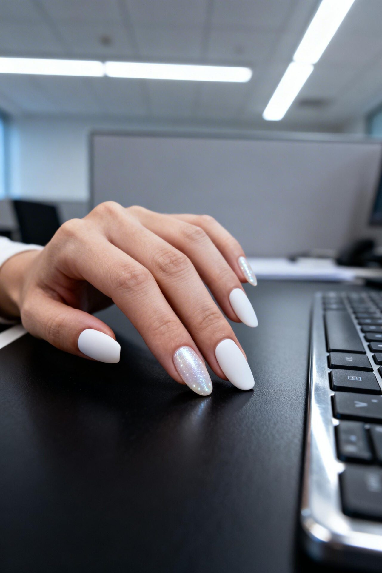 Trendy Almond Nails - pearl satin