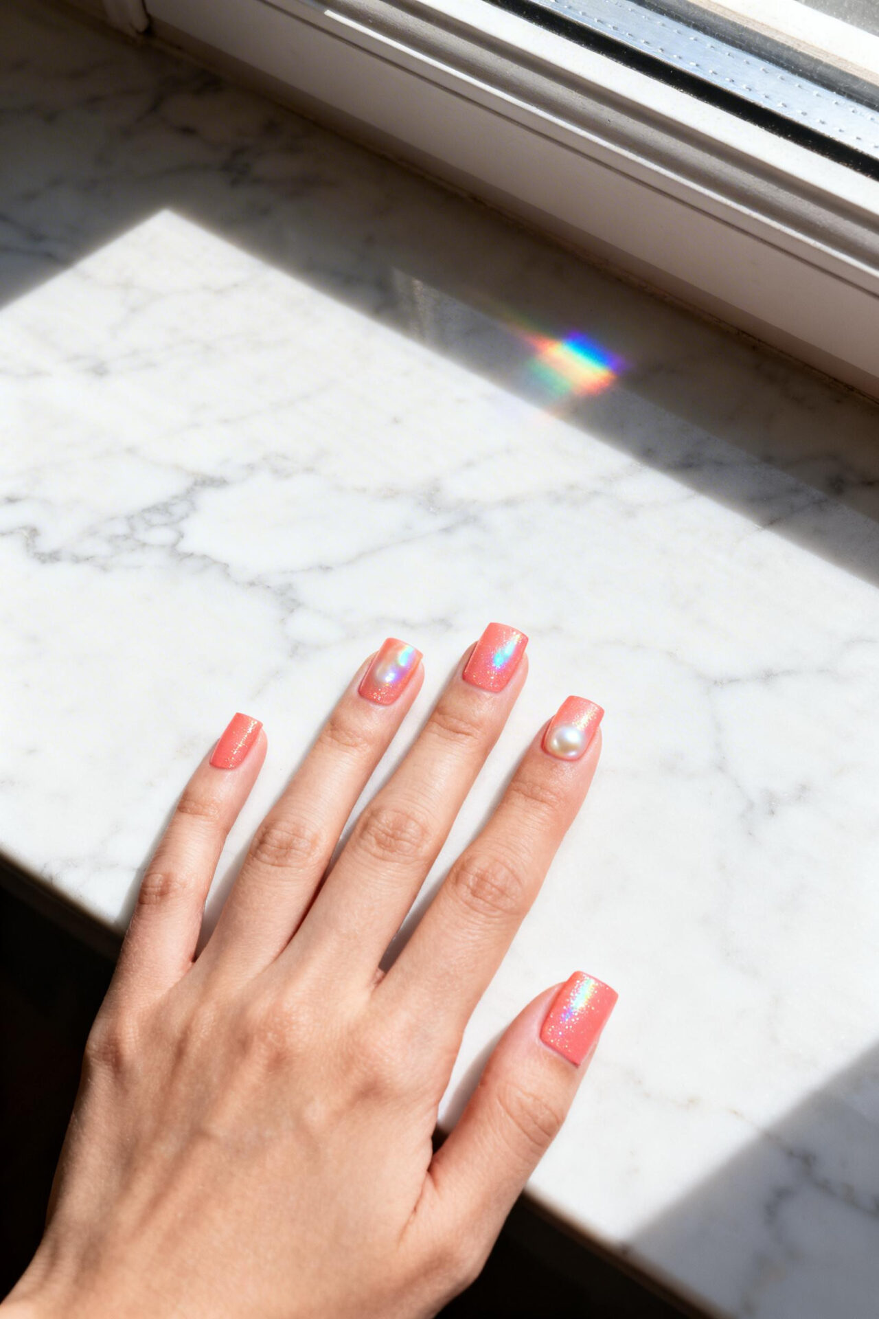Cute Square Nails - coral pink shimmer