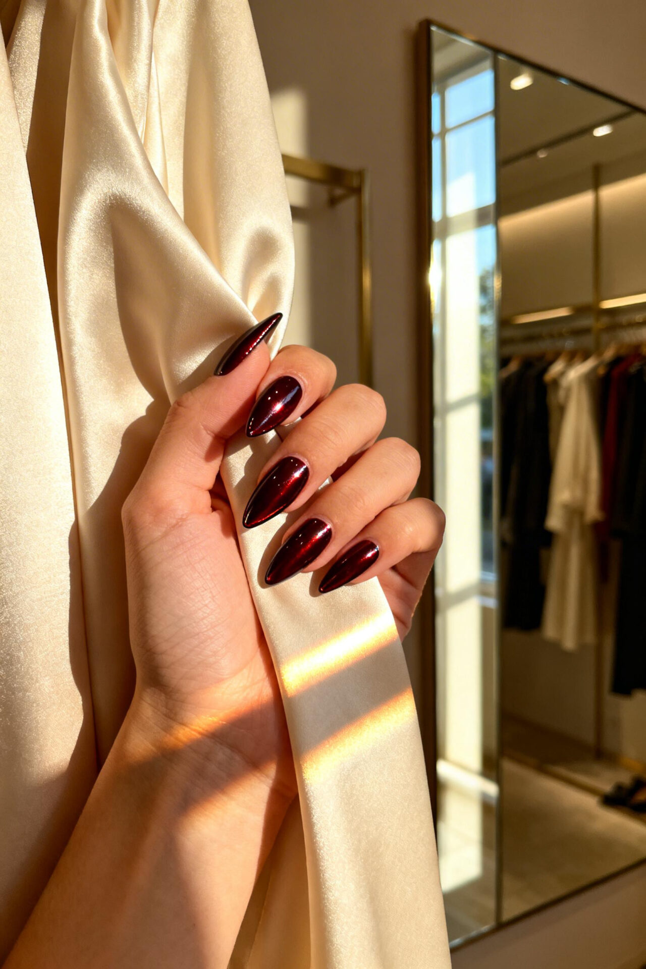 Burgundy Cat Eye Nails - oxblood almond