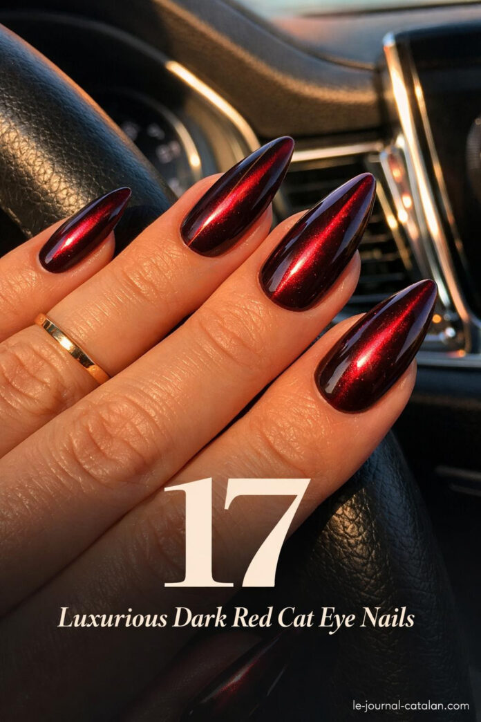 Dark Red Cat Eye Nails - Burgundy Design Red cat eye nail art featuring burgundy polish with magnetic glass effect and sleek feline stripe design for dark feminine manicure