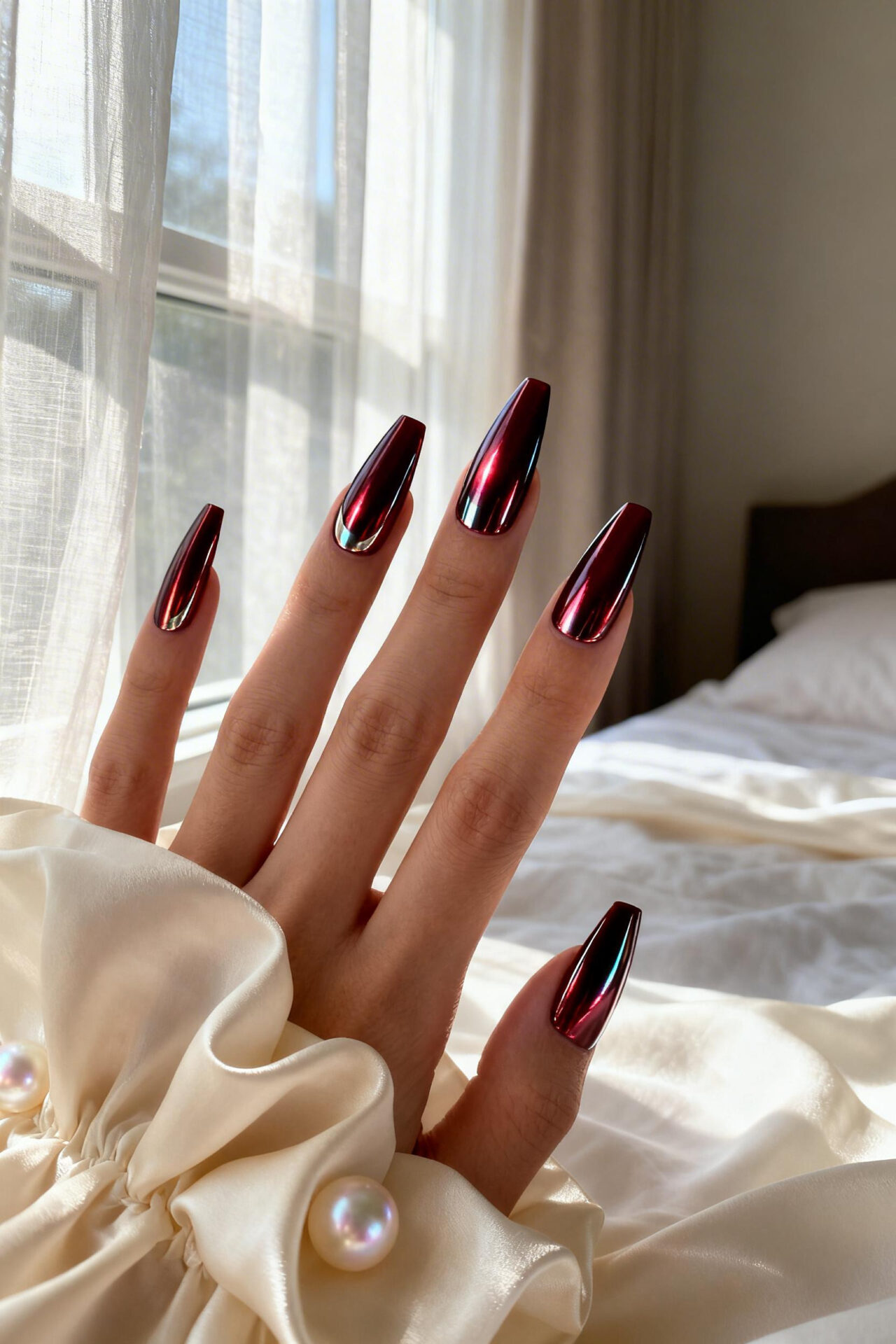 Cat Eye Red Nails Design - burgundy wine coffin luxury