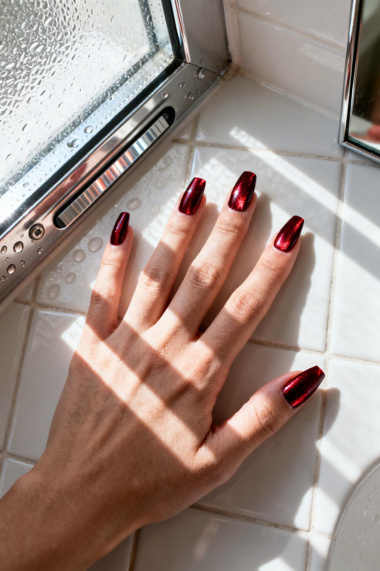 Cateyes Nails Design Red - crimson velvet squoval