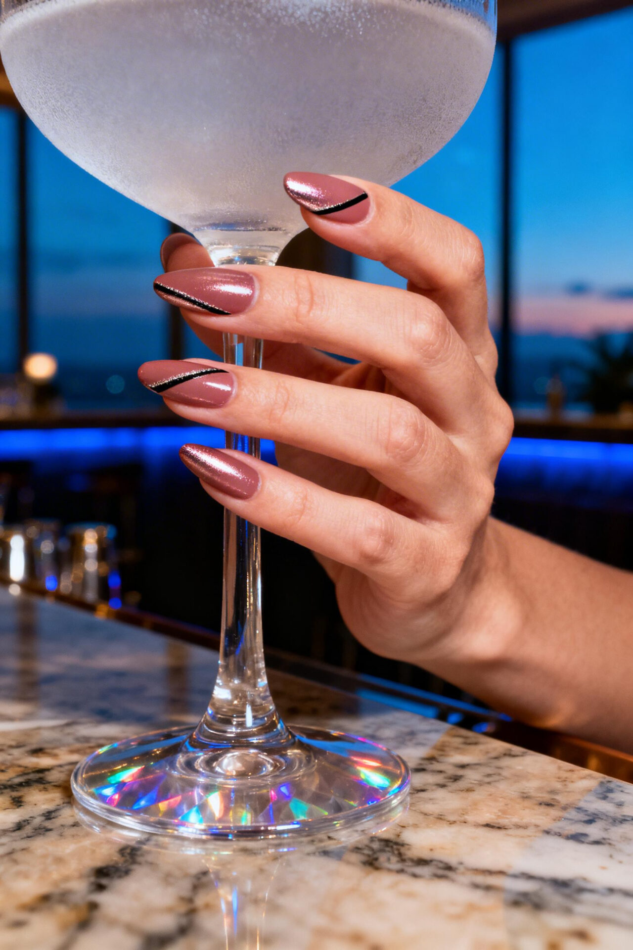 Blue Cat Eye Nails - dusty rose chrome almond