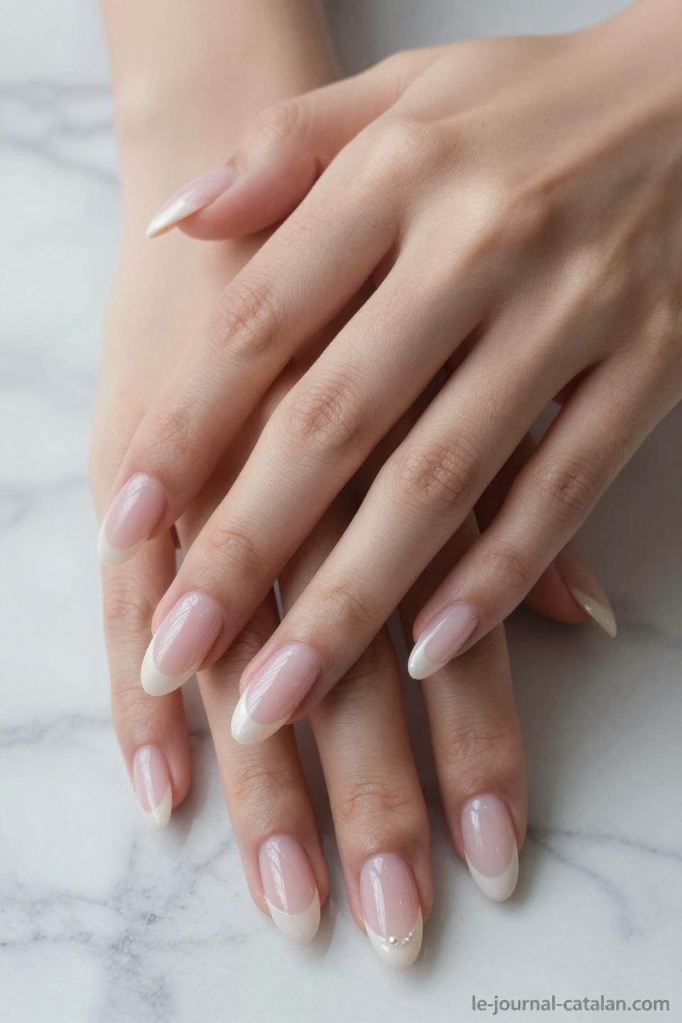 Pretty Almond Nails Classy soft ballet pink with pearl white gradient tips on porcelain hands